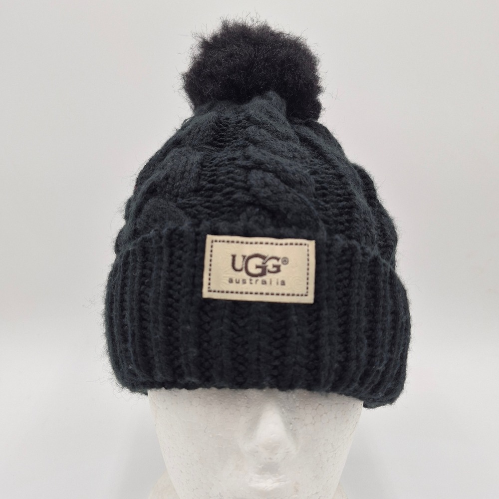 UGG Australia Black Cable Knit Beanie Removable Pom Pom Fleece Lined Winter Hat